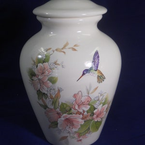 Pink flowers with Hummingbird Adult Urn, Large Human Ashes Urn. large jar with lid, art pottery, handmade