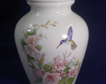 Pink flowers with Hummingbird Adult Urn, Large Human Ashes Urn. large jar with lid, art pottery, handmade
