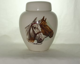 Horse Heads on Adult Cremation Urn, Ceramic Jar with Lid, Large Urn for Ashes,  art pottery, handmade