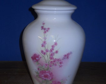 White Urn with Pink Flowers, Ceramic jar with lid, Jar with lid, art pottery, handmade