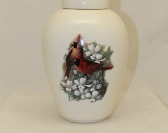 Handmade Ceramic Cremation Urn: Cardinals and Dogwood Flowers, Large Adult Urn