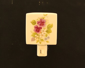 Purple Pansy Porcelain Night Light, Memorial Remembrance Nightlight, Wall Plug In Nightlight