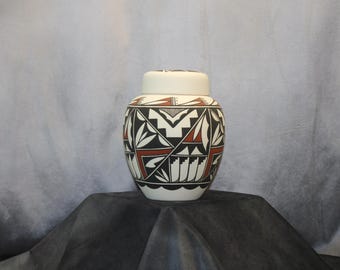 Native American Hand-Painted Ceramic Urn with Lid, Art Pottery