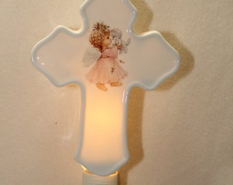 Porcelain Cross Night Light, Angel and Kitten, Nursery Decor