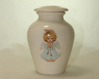 Angel Praying Ceramic Jar with Lid, Cremation Urn for Ashes, Keepsake Urn, Baby Urn, Infant Urn. Handmade small Pet Urn
