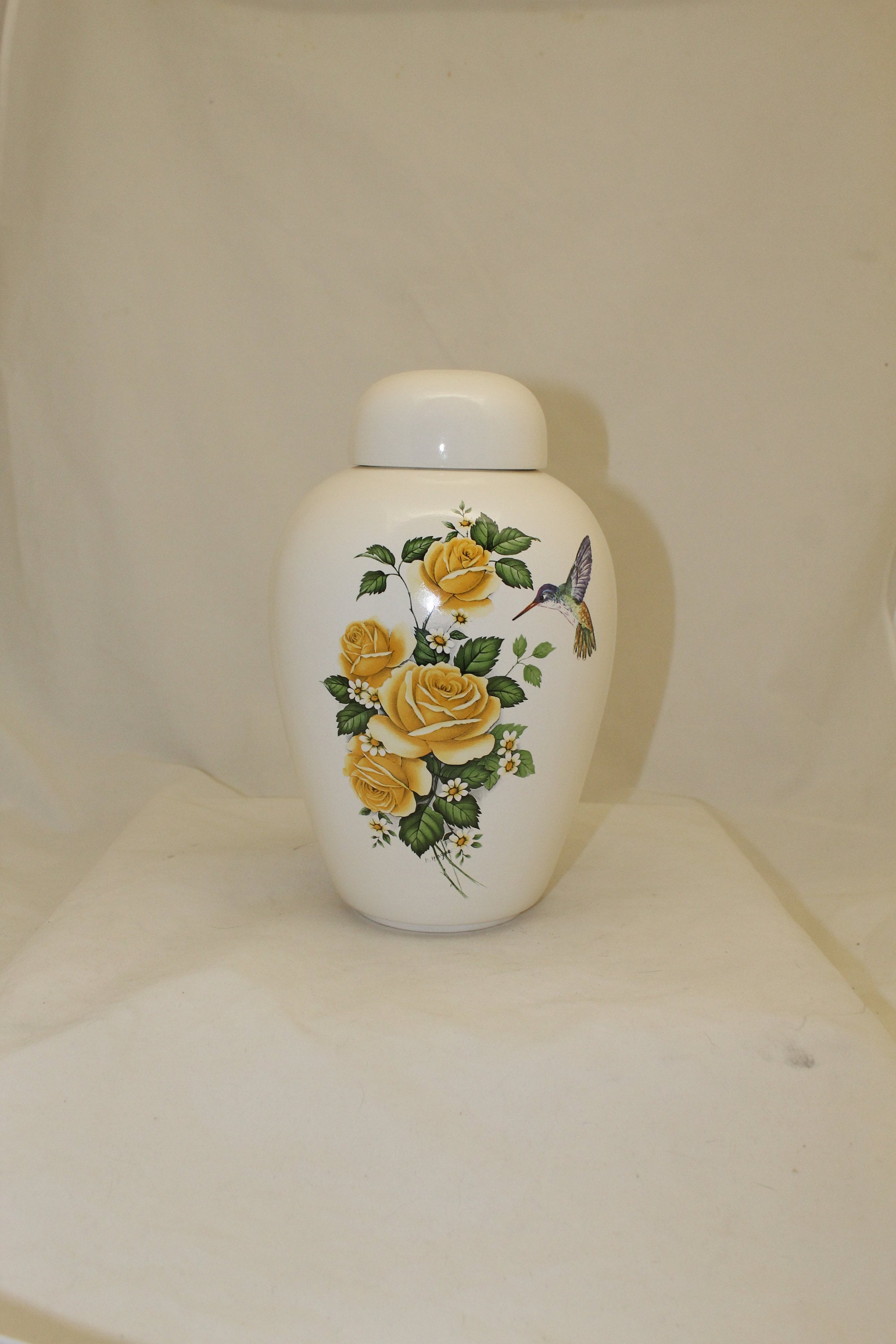 Yellow Roses with Hummingbird Adult Cremation Urn, Large Ceramic Jar