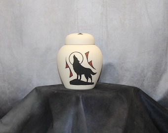 Wolf design Native American Cremation Urn for Ashes, Hand Painted small sharing or pet urn