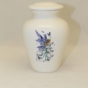 Cremation Urn with Fairy and Butterfly design, Jar with lid, Small Urn, Baby Urn, Infant Urn,Pet Urn,Kitten urn. art pottery, handmade