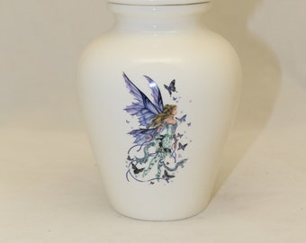 Fairy Butterfly Cremation Urn, Handmade Ceramic Small Urn (57 lbs)