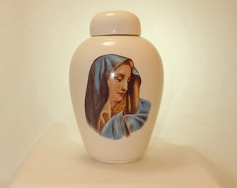 Adult Cremation Urn with Madona, Large Ceramic Ginger Jar with Lid for Human Ashes