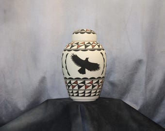 Eagle design Native American Adult Cremation Urn, Hand Painted art pottery
