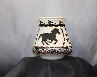 Horse design Native American Adult Cremation Urn for Human Ashes, art pottery, handmade funeral urn