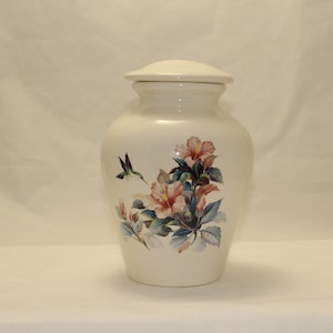 Hummingbird and Hibiscus Cremation Urn, Ceramic Jar with Lid, Urn for Ashes, Medium Cremation Urn, Youth Urn, Art Pottery, Handmade