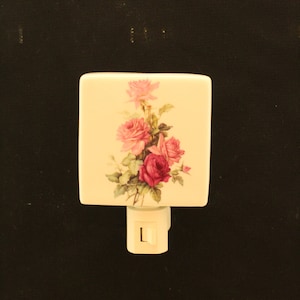 Pink and Burgundy Roses on Porcelain Nightlight, Wall Plug In Night Light