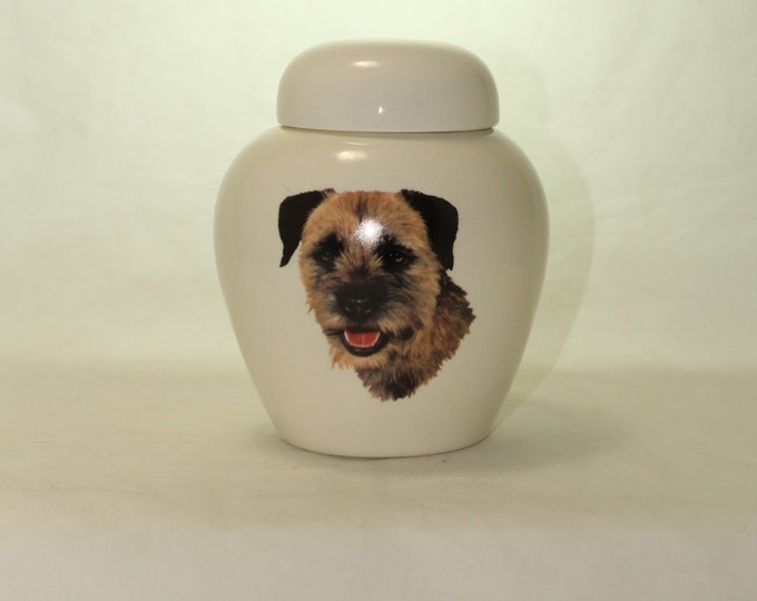 Featured listing image: Border Terrier Cremation Urn, Ceramic Jar with Lid, Pet or Dog Small Urn for Ashes, Keepsake Urn, Art Pottery, handmade