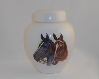 Horses (1 black & 1 brown) on Ceramic Cremation Urn Jar with Lid, Adult Cremation Urn, Human Ashes, Art Pottery, Handmade Adult Urn