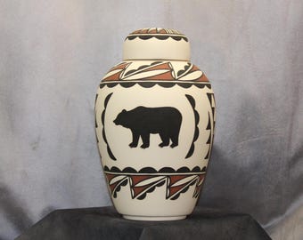 Native American Adult Cremation Urn with bear design for human ashes, Large jar with lid traditional design art pottery