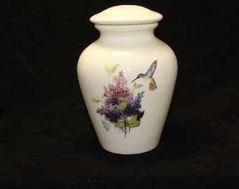 Handmade Lilac and Hummingbird Cremation Urn, Ceramic Keepsake Jar