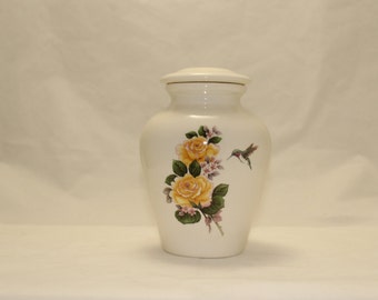 Hummingbird with Yellow Roses Cremation Urn Ceramic Jar with Lid, Small Pet Urn, Small Urn, Baby Urn, Small Art Pottery,Handmade Ashes Urn