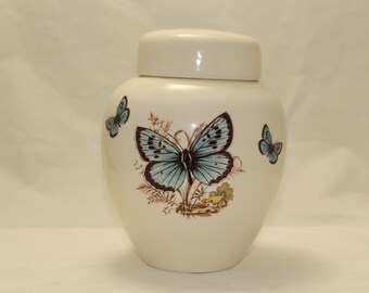 Blue Butterfly Cremation Urn: Handmade Ceramic Ginger Jar, Adult Ashes