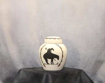 Native American Hand Painted End of the Trail Design Small Jar with Lid art pottery handmade urn