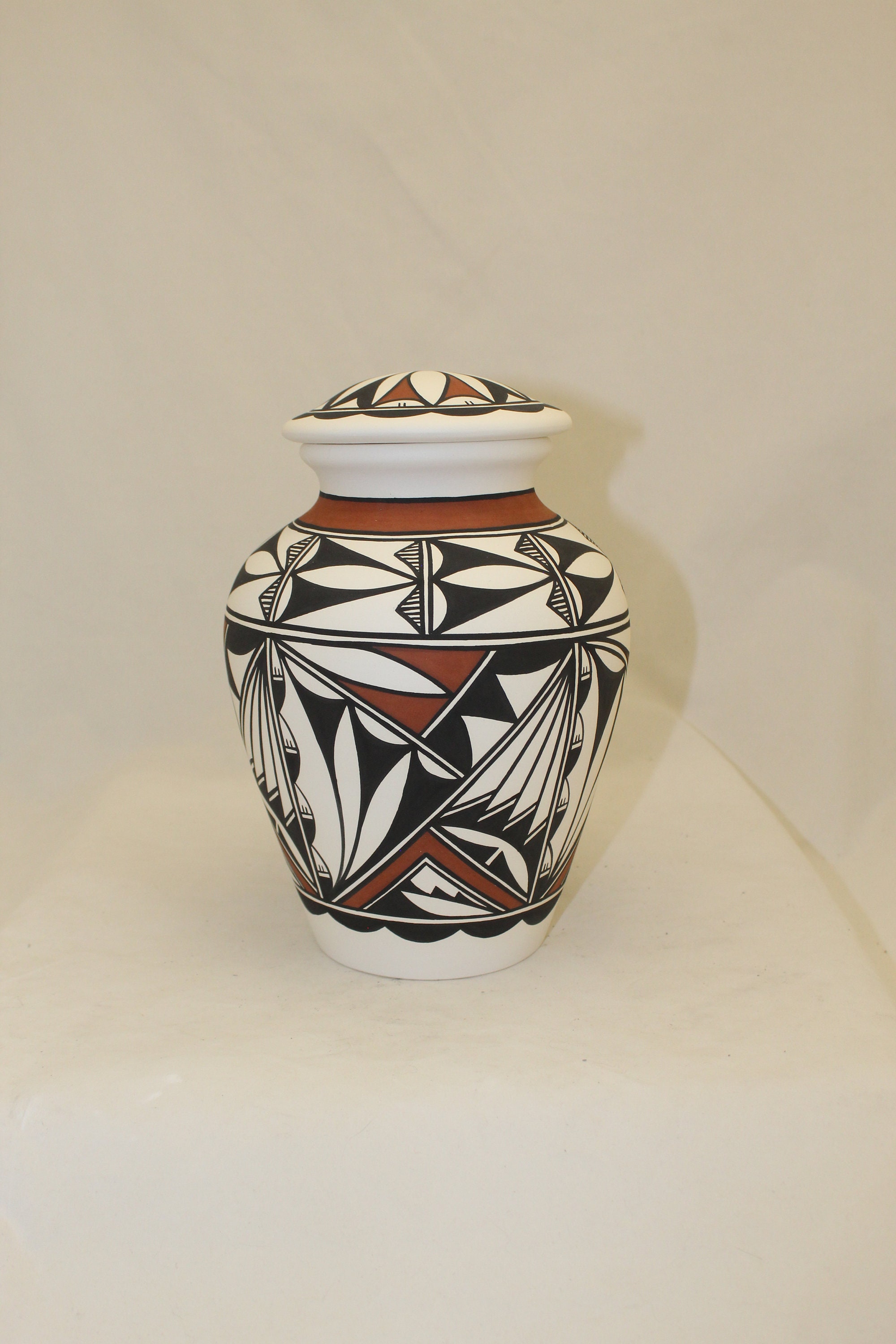 Native American Adult Cremation Urn, Ceramic Jar with Lid, Hand Painted