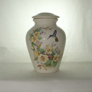 Ceramic Jar with Lid, Large Cremation Urn,Hummingbird and Yellow Flowers Adult Urn, Human Ashes Urn. art pottery, handmade
