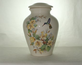 Handmade Ceramic Cremation Urn with Lid, Hummingbird and Yellow Flowers