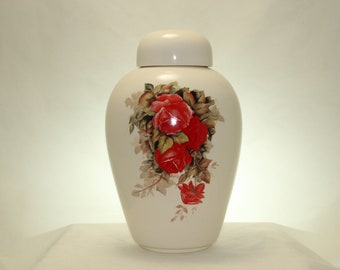 Handmade Ceramic Cremation Urn for Adult Ashes, Red Roses Ginger Jar
