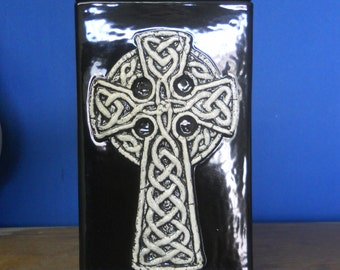 Celtic Knot Cross Cremation Urn, Black Ceramic Art Pottery, Handmade Ashes Urn