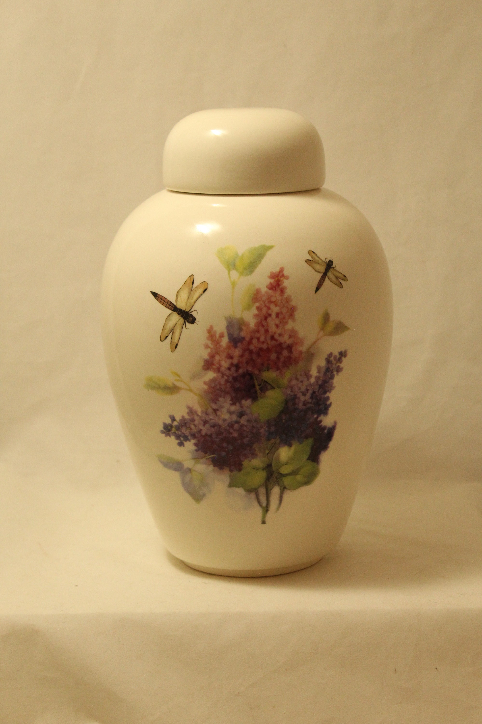 Lilacs with Dragonfly Cremation Urn Ceramic Jar with Lid, Large Urn for