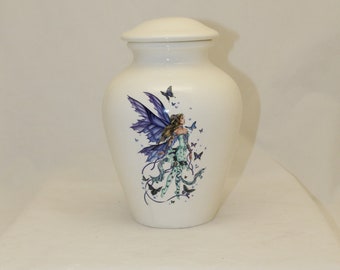 Handmade Ceramic Cremation Urn with Fairy and Butterfly Design
