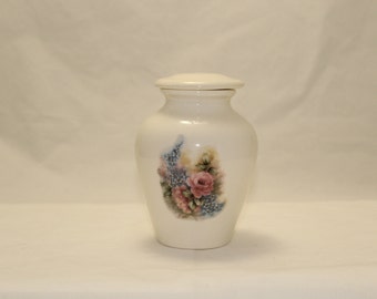 Ceramic Jar with Lid with Pink Roses and Forget Me Nots Tiny Cremation Urn,Keepsake Urn, Tiny Jar Pet Cat Or Dog Urn, Art Pottery,Handmade