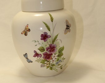 Handmade Ceramic Cremation Urn, Purple Pansy and Butterfly Design