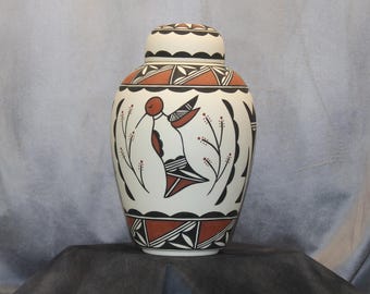 Hummingbird design Native American Urn Ceramic Jar with Lid, Adult Cremation Urn, Hand Painted Urn for Human Ashes, Art Pottery Handmade