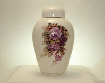 Handmade Ceramic Cremation Urn with Purple Roses, Large Memorial Ginger Jar