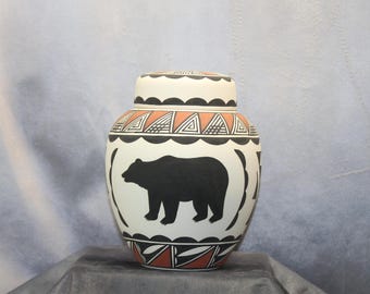 Bear design Native American Hand Painted ceramic jar with lid, Adult Cremation Urn for Human Ashes Urn, Art Pottery, Handmade Urn