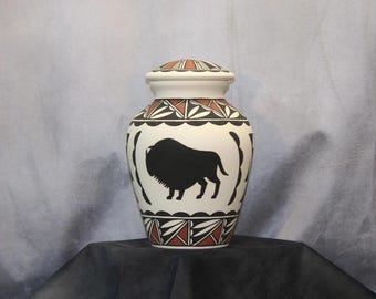 Hand Painted Buffalo Cremation Urn, Native American Art Pottery, Large Jar