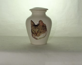 Tabby Cat Cremation Urn, Handmade Ceramic Keepsake Urn