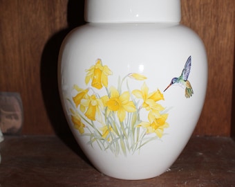 Handmade Pottery Cremation Urn, Yellow Daffodils and Hummingbird, Art Funeral Urn