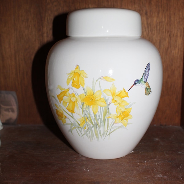 Yellow Daffodils and Hummingbird Adult Cremation Urn for Ashes, Art Pottery Funeral Urn, Handmade Cremation Urn