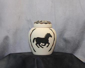 Horse design Native American Cremation Urn for Ashes, Hand Painted small jar art pottery