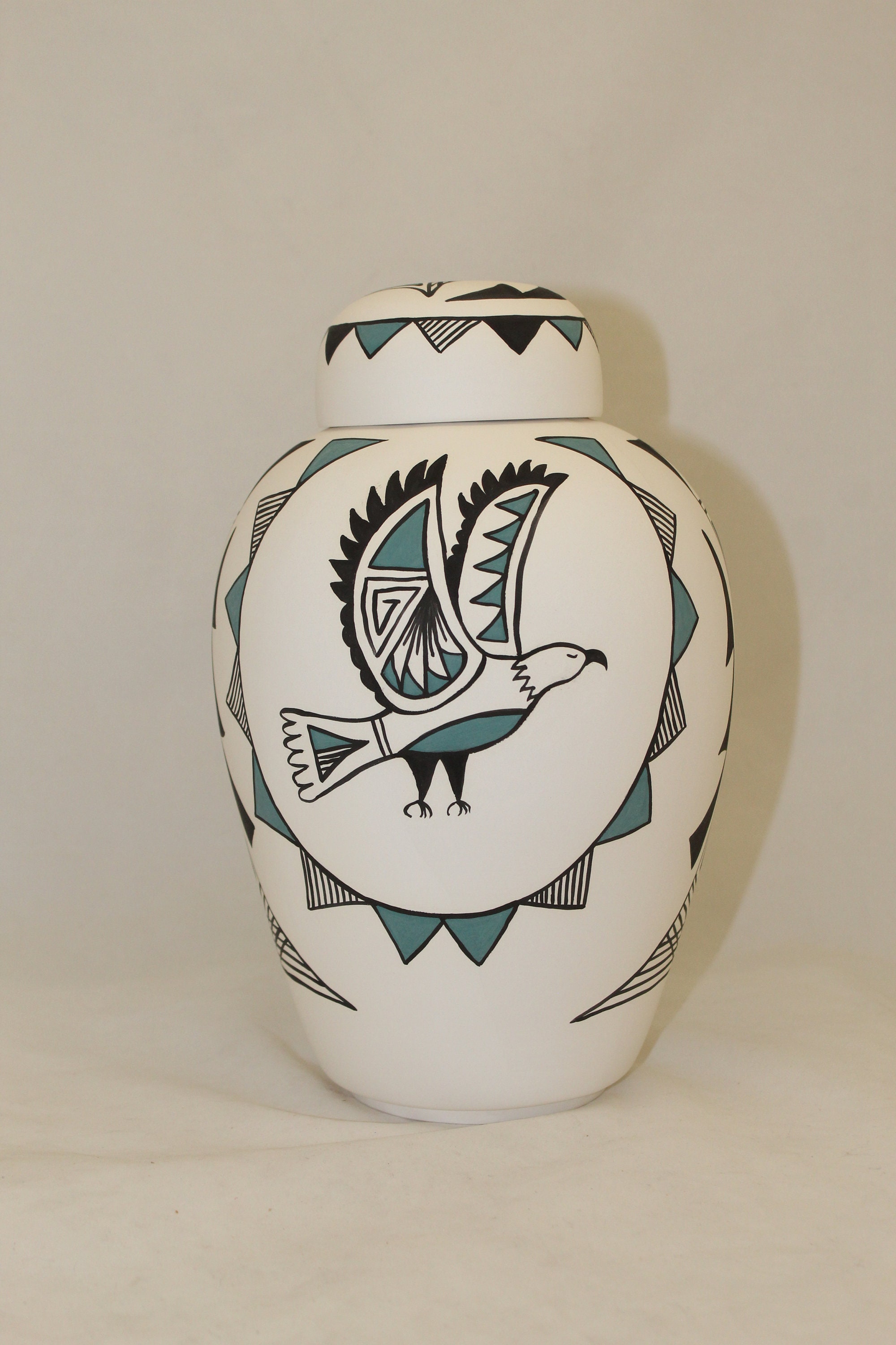 Native American Eagle Urn Ceramic Jar with Lid, Adult Cremation Urn