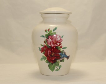 Hibiscus with Hummingbird Cremation Urn, Ceramic Jar with Lid, Medium Cremation Keepsake Urn, Jar for Ashes, Pet Urn. Art Pottery, Handmade