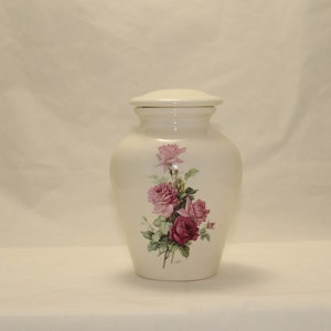 Small Cremation Urn with Pink and Bergandy Roses,Ceramic Jar with Lid.Pet Urm,Cat Urn, Small Urn for Ashes, Small jar, art pottery, handmade