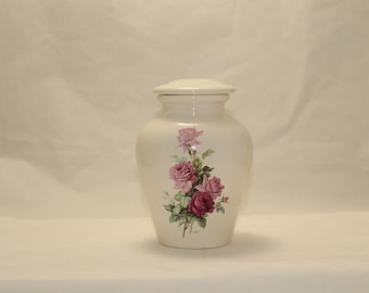Handmade Ceramic Cremation Urn with Lid, Pink Rose Design, Pet Urn, Small Jar