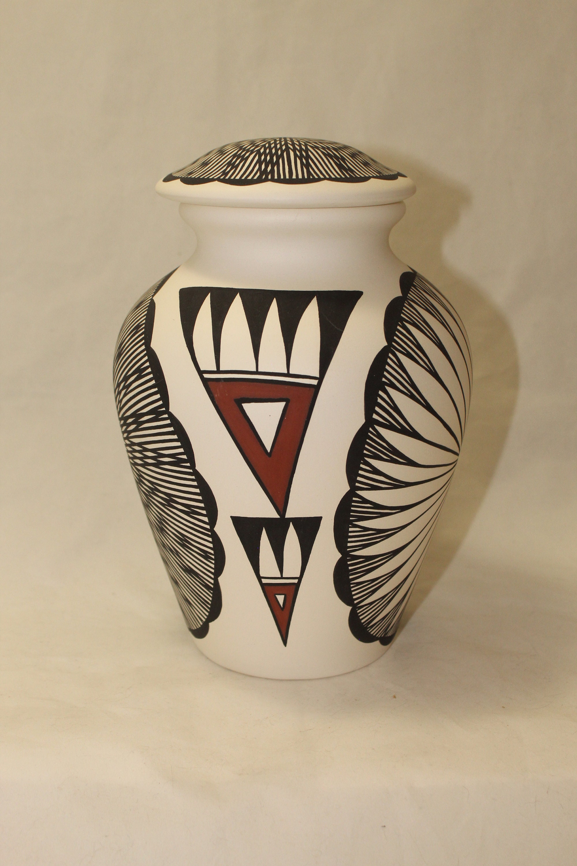 Native American Ceramic Jar with Lid, Adult Cremation Urn, Hand Painted