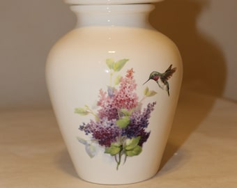 Lilacs and Hummingbird Ceramic Cremation Urn: Keepsake, Baby or Pet Urn