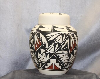 Native American Hand-Painted Ceramic Urn with Lid, Art Pottery