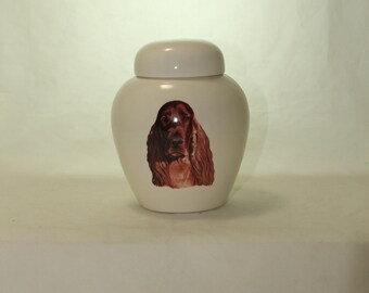 Irish Setter  Cremation Urn, Ceramic Jar with Lid, Pet or Dog Small Urn for Ashes, Keepsake Urn, Art Pottery, handmade